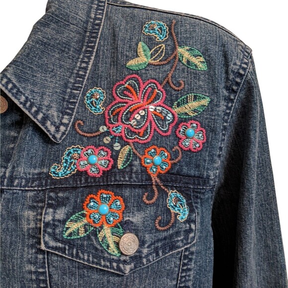 Denim Jacket Embroidered Beaded  Women Blue 14P - Picture 1 of 8